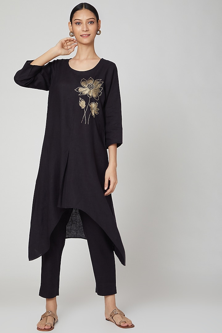 Navy Blue Embroidered Asymmetrical Tunic by Linen Bloom at Pernia's Pop Up Shop
