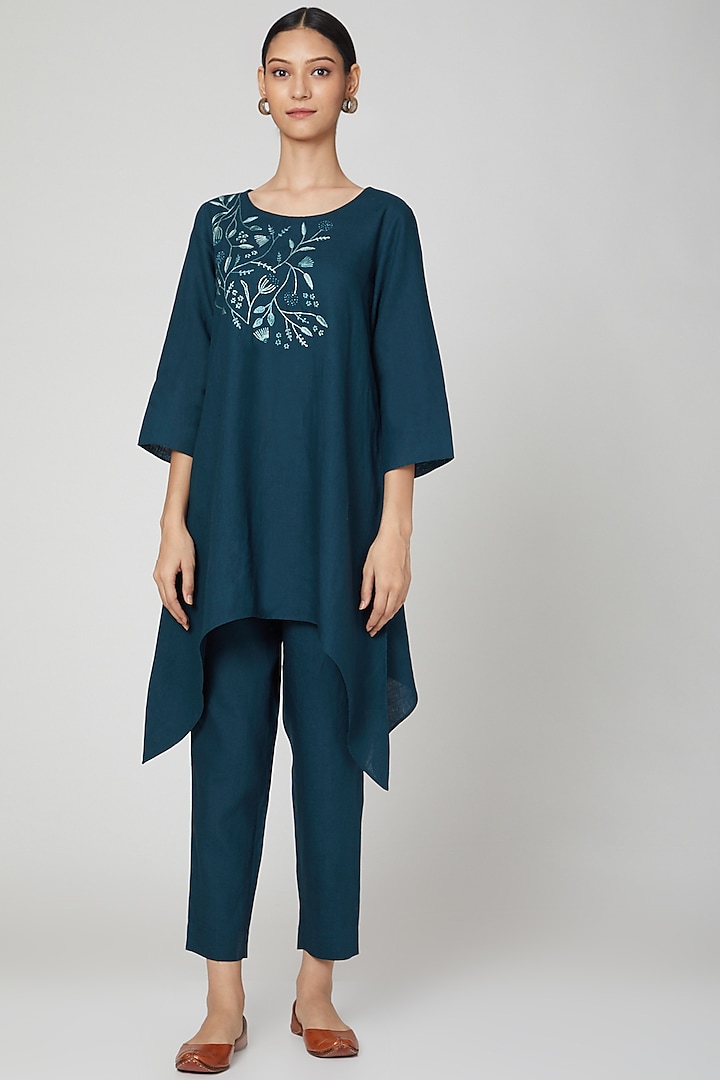 Emerald Green Embroidered Tunic by Linen Bloom