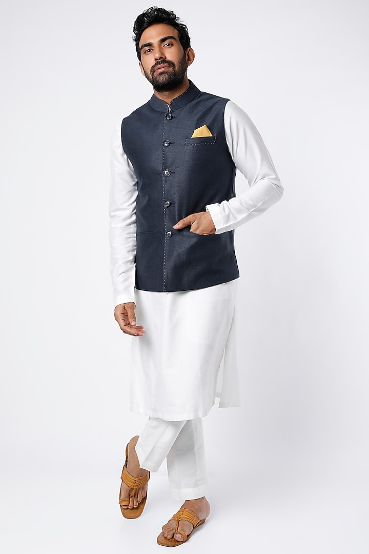 Navy Blue Embroidered Waistcoat by Linen Bloom Men