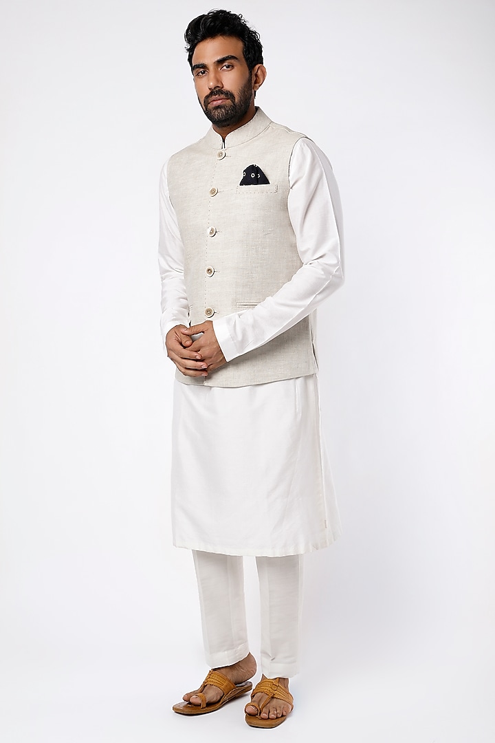 Beige Pure Linen Waistcoat by Linen Bloom Men