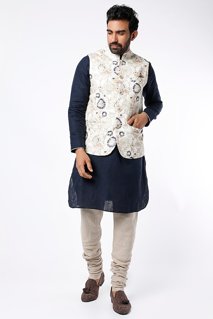Beige Pure Linen Nehru Jacket by Linen Bloom Men at Pernia's Pop Up Shop