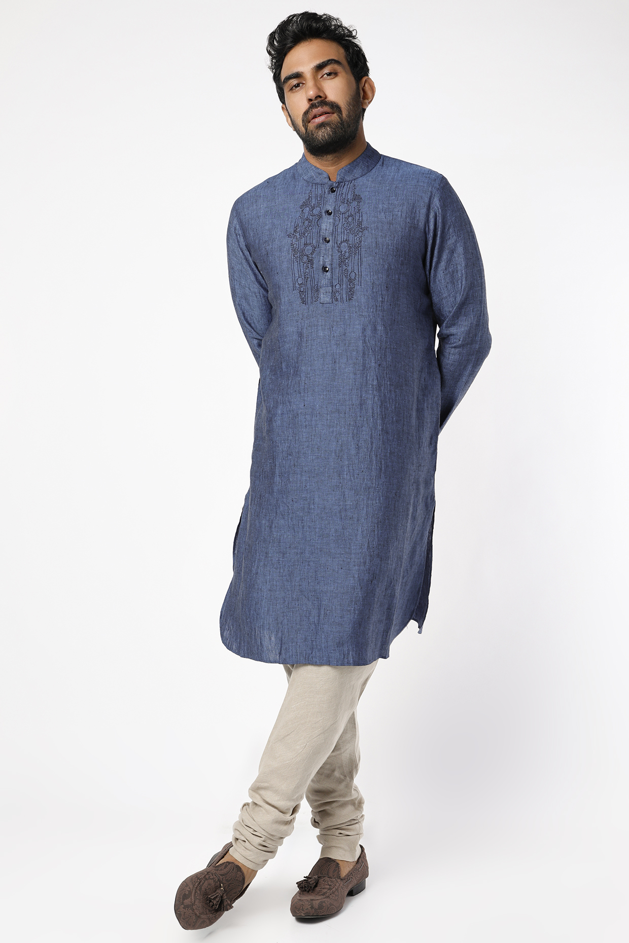 Cobalt Blue Pure Linen Kurta by Linen Bloom Men at Pernia's Pop Up Shop