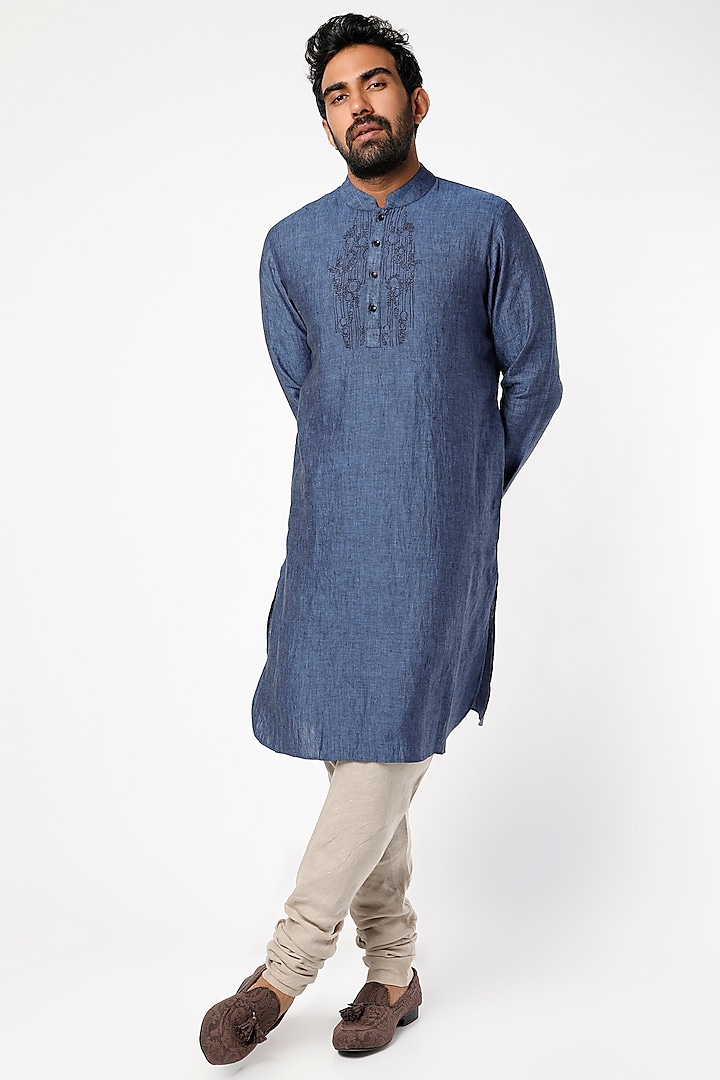 Cobalt Blue Pure Linen Kurta by Linen Bloom Men at Pernia's Pop Up Shop