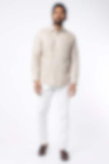 Beige Hand Stitched Embroidered Shirt by Linen Bloom Men