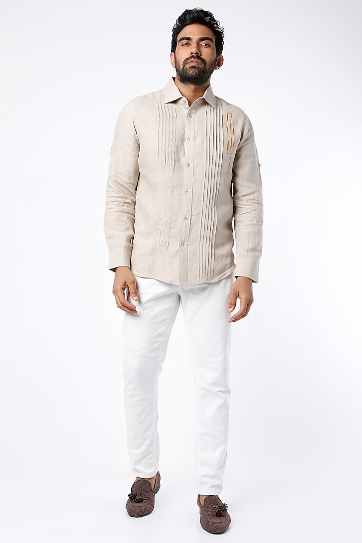 Beige Hand Stitched Embroidered Shirt by Linen Bloom Men