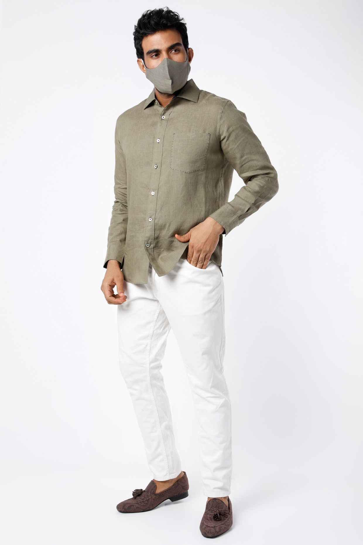 Sage Green Pure Linen Shirt Design by Linen Bloom Men at Pernia's