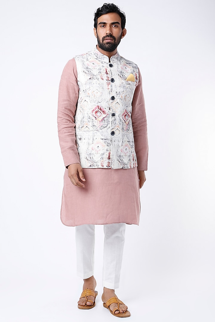 White Mosaique Printed Bundi Jacket by Linen Bloom Men