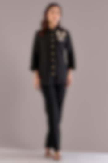 Black Pure Linen Embroidered Shirt by Linen Bloom at Pernia's Pop Up Shop