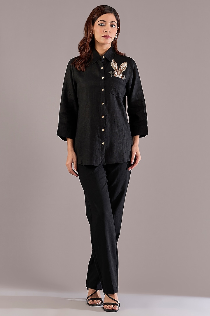 Black Pure Linen Embroidered Shirt by Linen Bloom at Pernia's Pop Up Shop