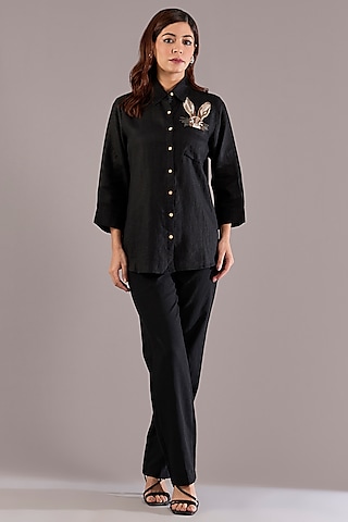 Black Pure Linen Embroidered Shirt by Linen Bloom