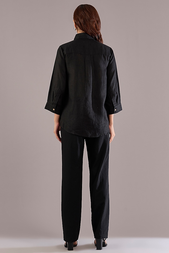 Black Pure Linen Embroidered Shirt by Linen Bloom at Pernia's Pop Up Shop