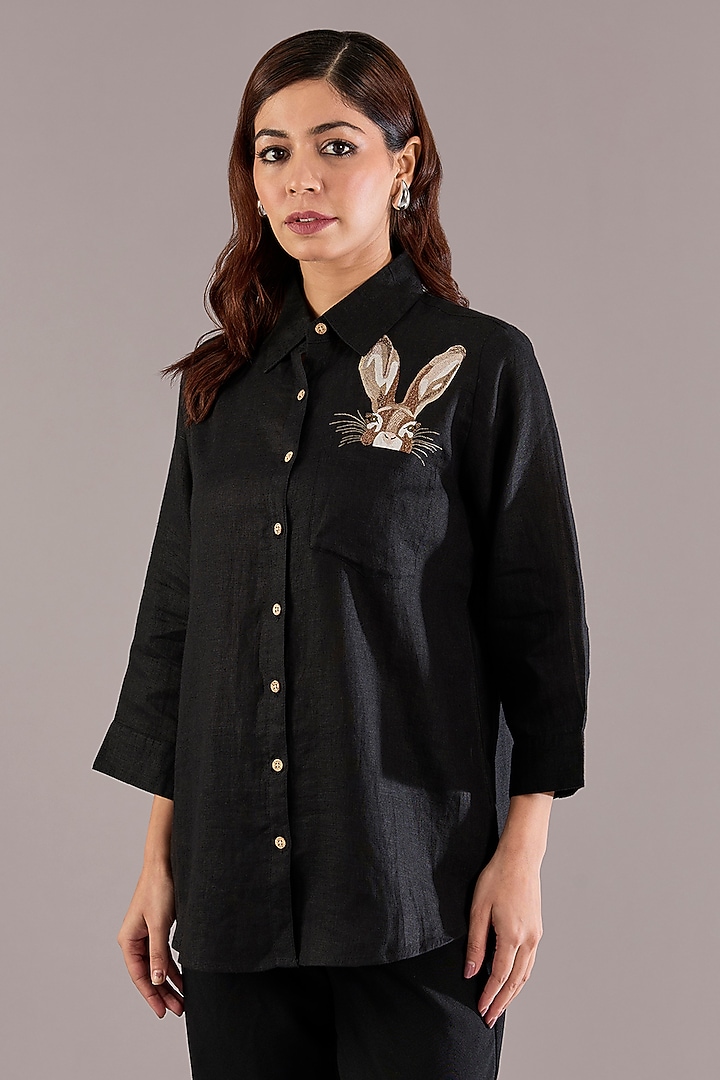 Black Pure Linen Embroidered Shirt by Linen Bloom at Pernia's Pop Up Shop