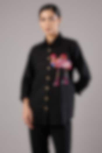 Black Linen Flamingo Embroidered Shirt by Linen Bloom at Pernia's Pop Up Shop