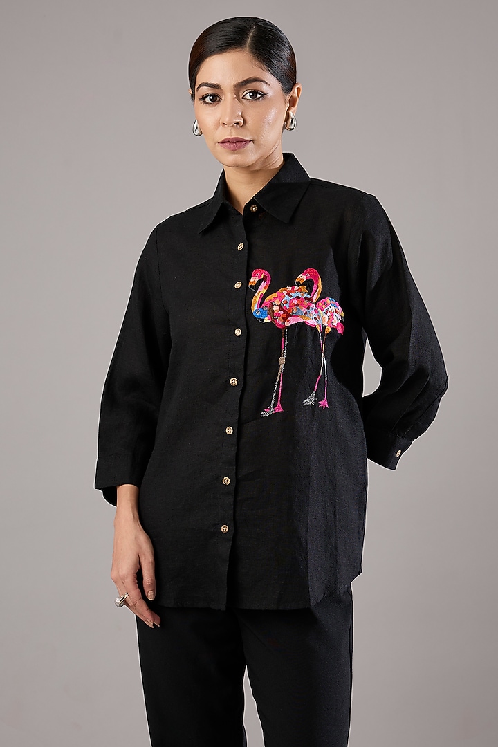 Black Linen Flamingo Embroidered Shirt by Linen Bloom at Pernia's Pop Up Shop
