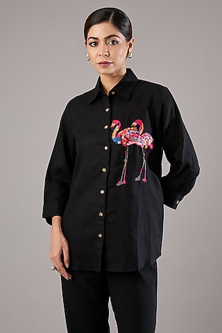 Black Linen Flamingo Embroidered Shirt by Linen Bloom