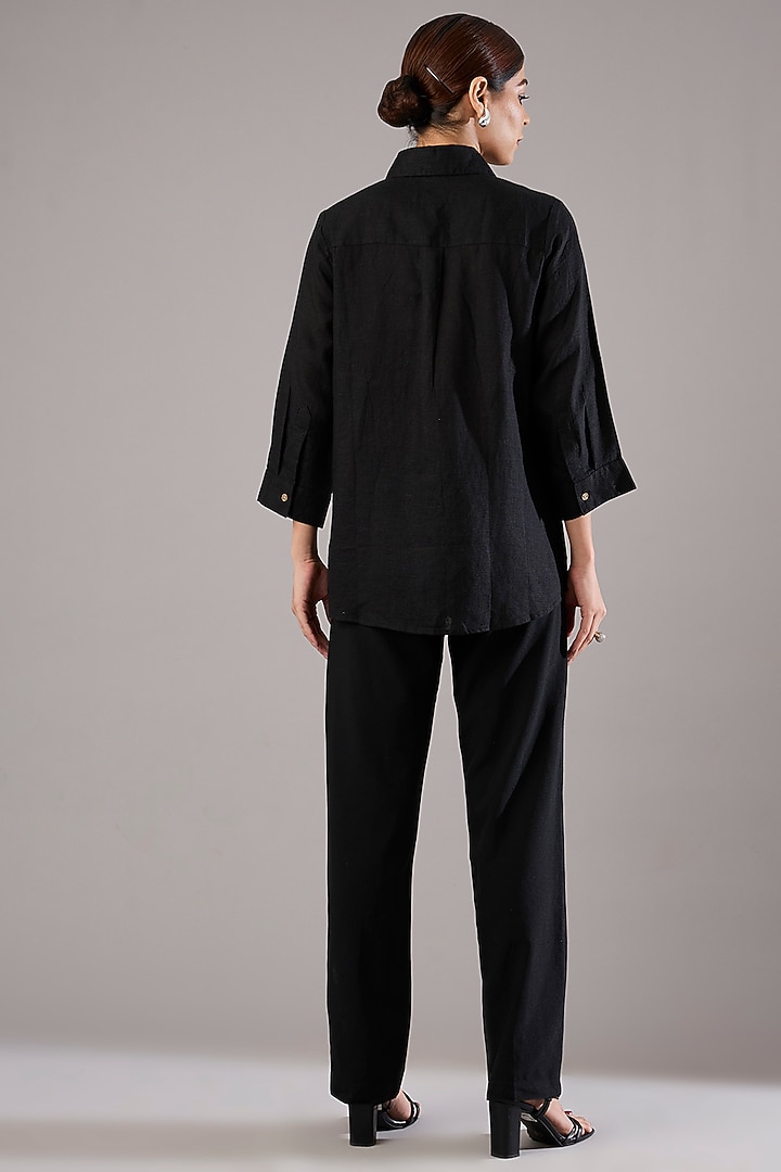Black Linen Flamingo Embroidered Shirt by Linen Bloom at Pernia's Pop Up Shop