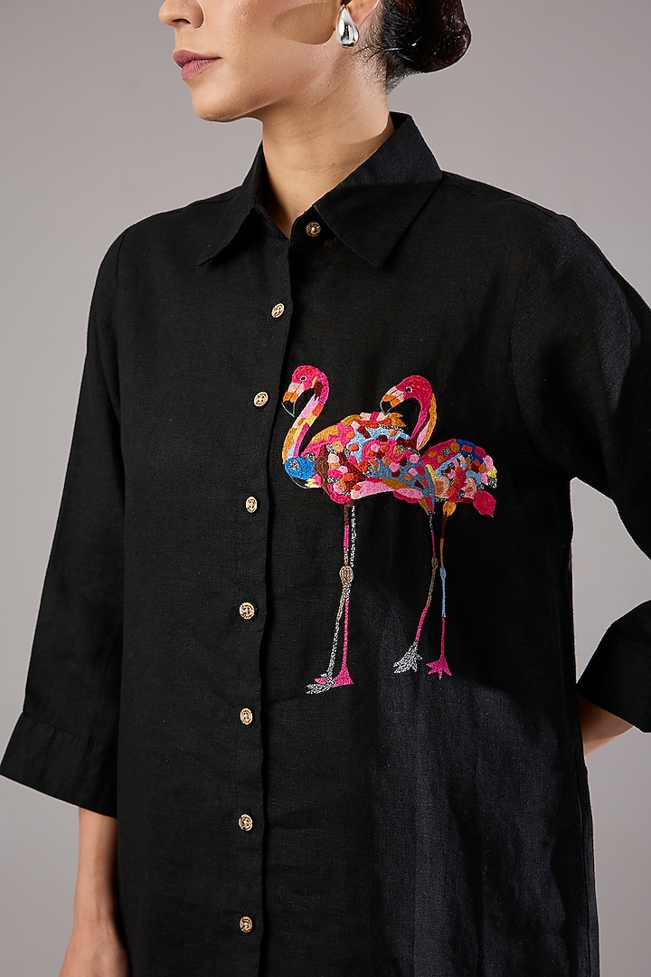 Black Linen Flamingo Embroidered Shirt by Linen Bloom at Pernia's Pop Up Shop
