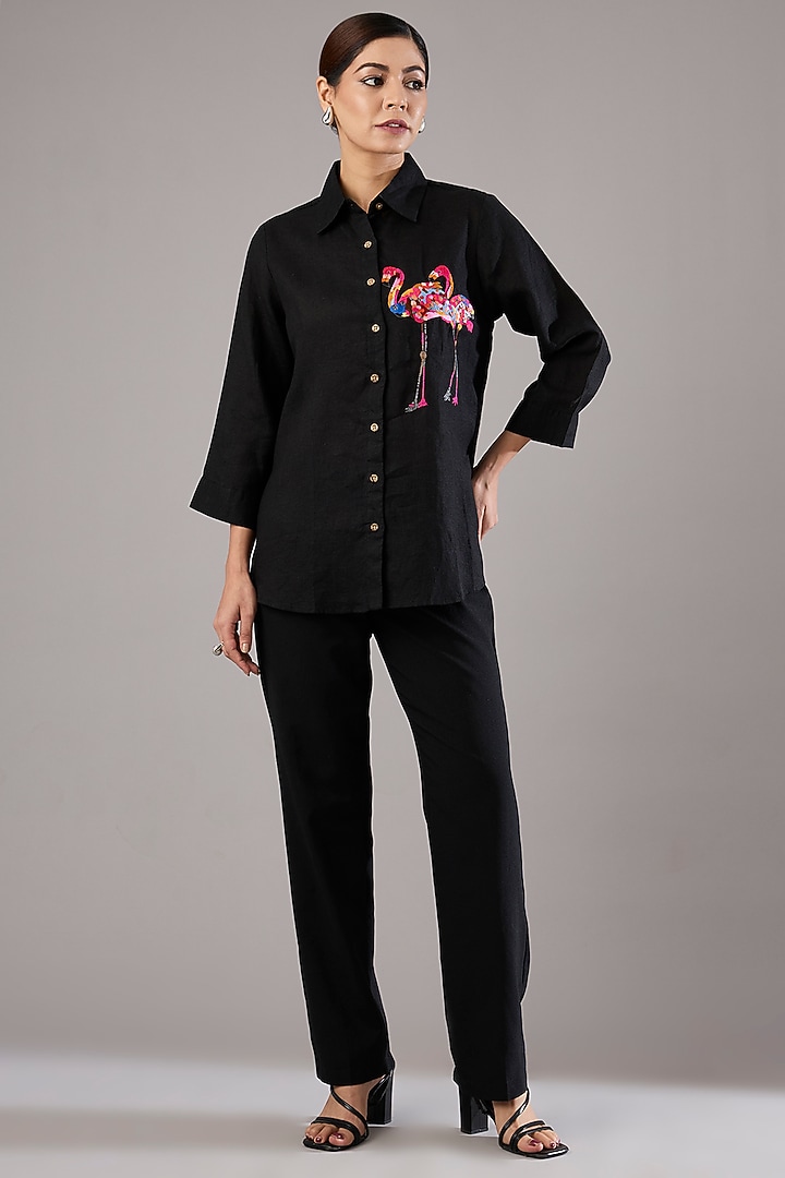 Black Linen Flamingo Embroidered Shirt by Linen Bloom at Pernia's Pop Up Shop