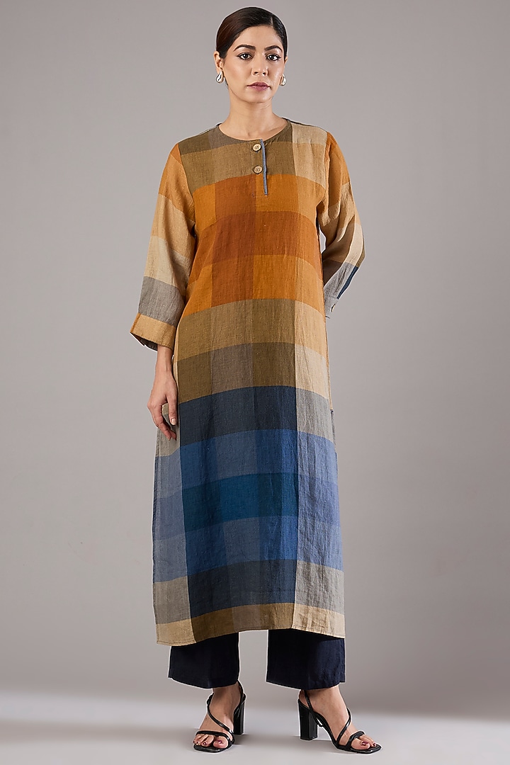 Mustard Linen Check Printed Midi Vacation Dress by Linen Bloom at Pernia's Pop Up Shop