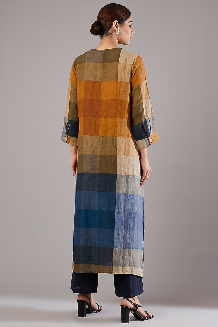 Mustard Linen Check Printed Midi Vacation Dress by Linen Bloom at Pernia's Pop Up Shop