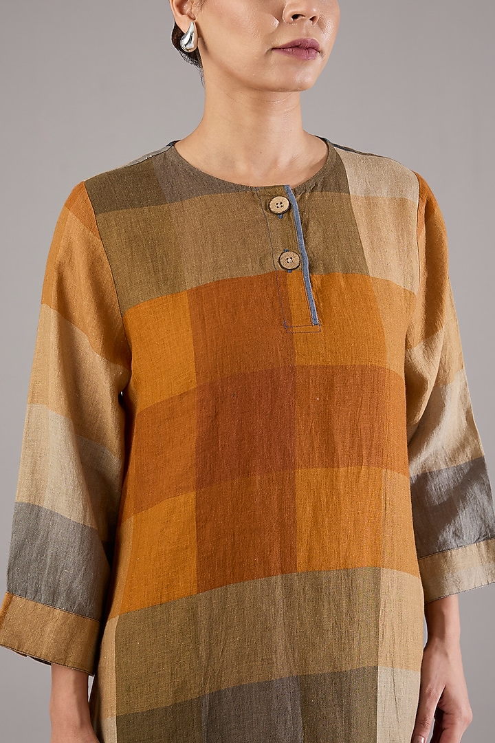 Mustard Linen Check Printed Midi Vacation Dress by Linen Bloom at Pernia's Pop Up Shop