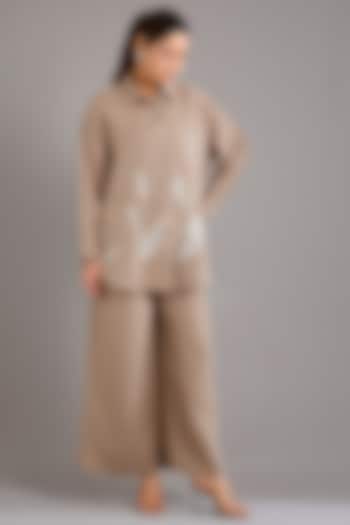 Light Khaki Linen Applique Embroidered Shirt by Linen Bloom at Pernia's Pop Up Shop