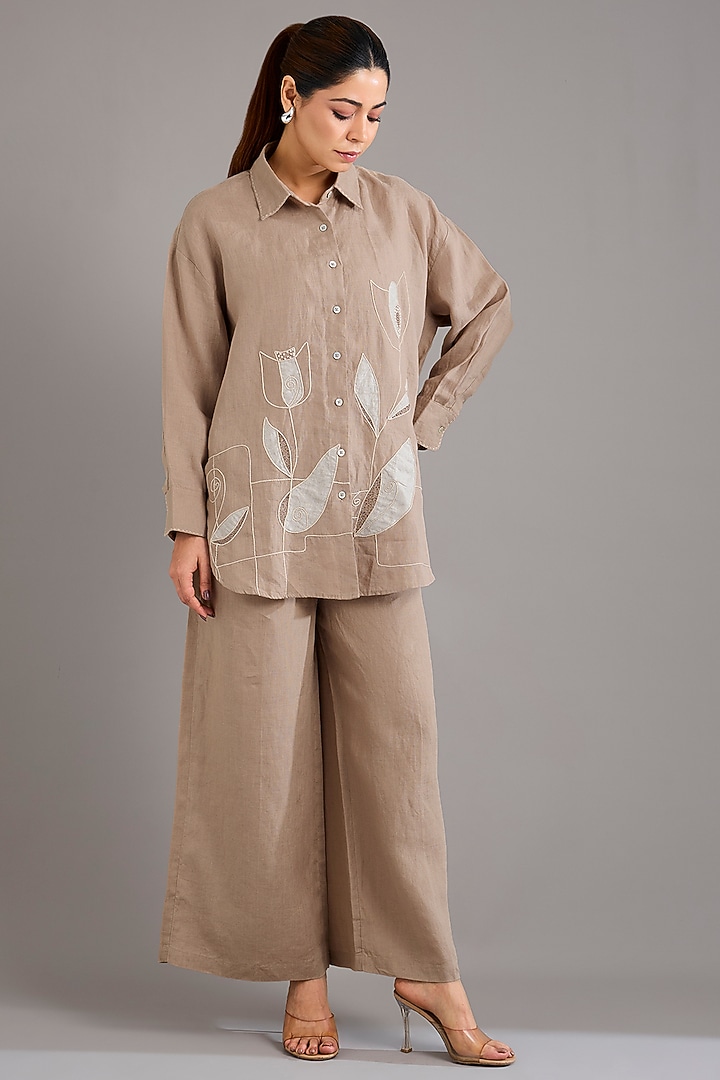 Light Khaki Linen Applique Embroidered Shirt by Linen Bloom at Pernia's Pop Up Shop