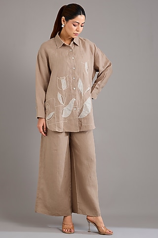 Light Khaki Linen Applique Embroidered Shirt by Linen Bloom