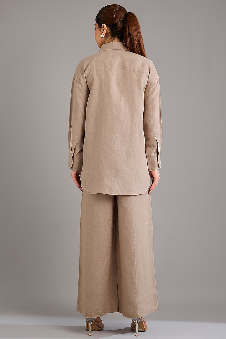 Light Khaki Linen Applique Embroidered Shirt by Linen Bloom at Pernia's Pop Up Shop