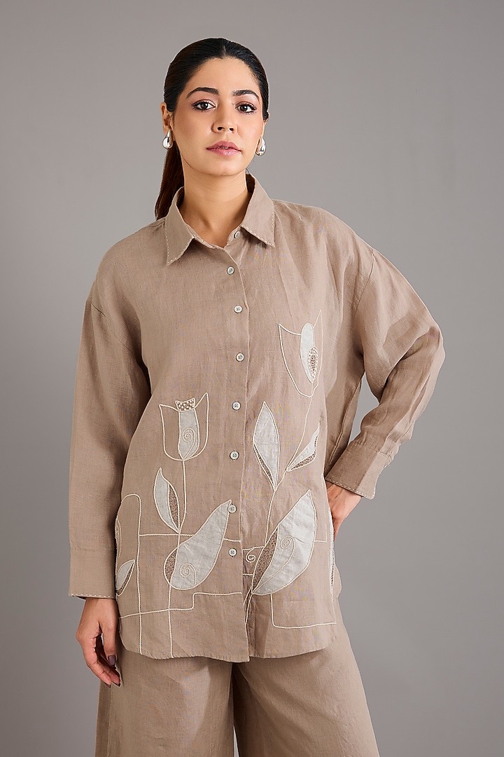 Light Khaki Linen Applique Embroidered Shirt by Linen Bloom at Pernia's Pop Up Shop