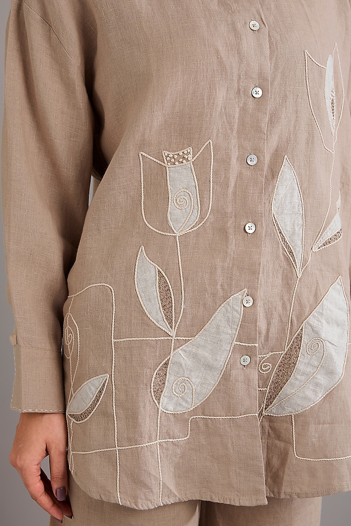 Light Khaki Linen Applique Embroidered Shirt by Linen Bloom at Pernia's Pop Up Shop