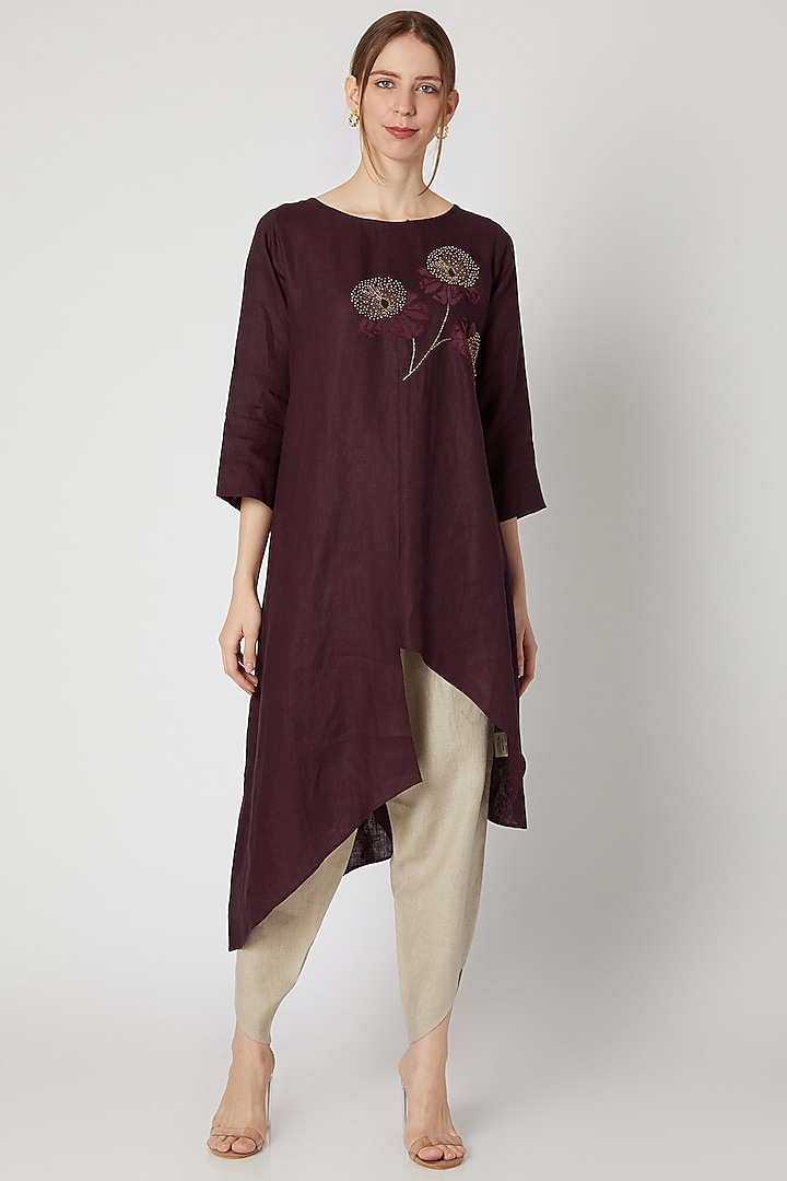 Wine Embroidered Long Tunic by Linen Bloom