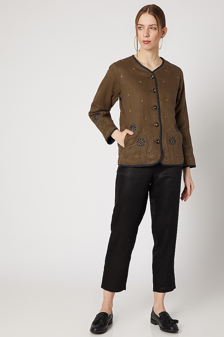 Tobacco Brown Embroidered Quilted Jacket by Linen Bloom