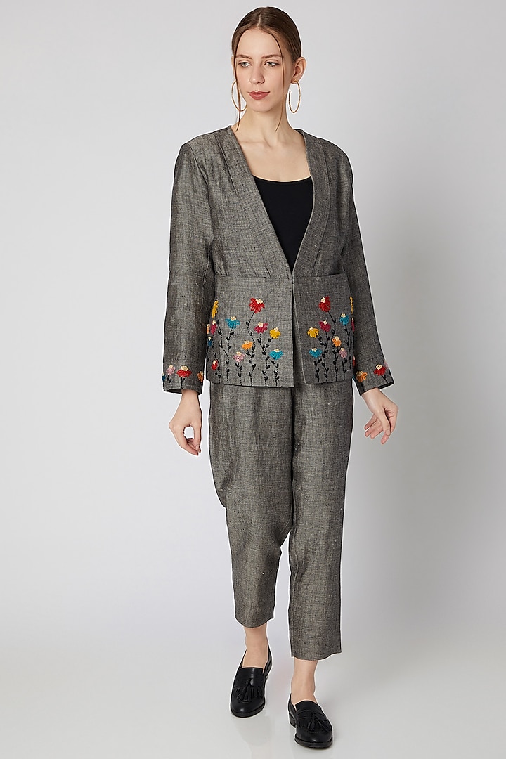 Grey Embroidered Woolen Jacket by Linen Bloom