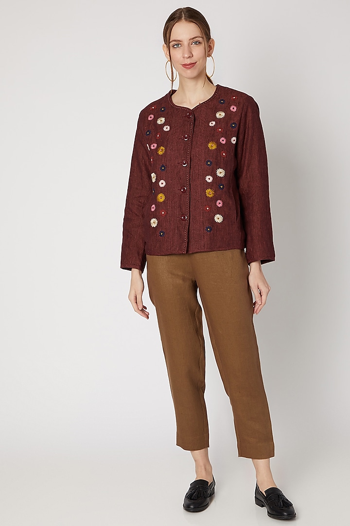 Merlot Embroidered Short Jacket by Linen Bloom