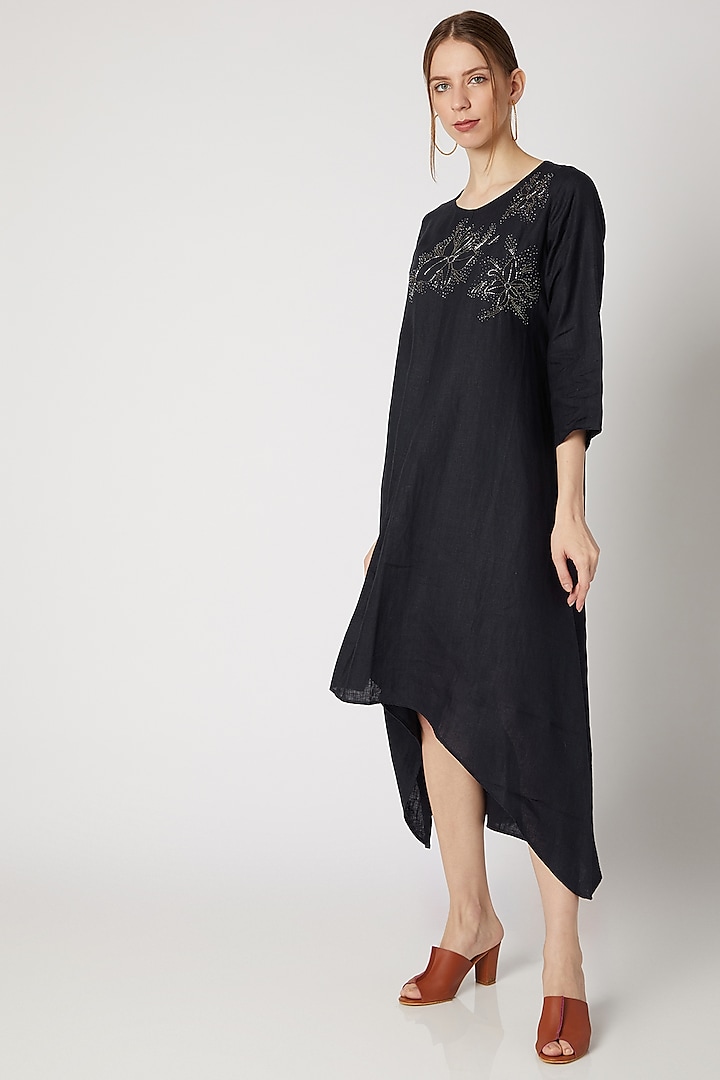 Midnight Blue Embroidered Asymmetric Tunic by Linen Bloom