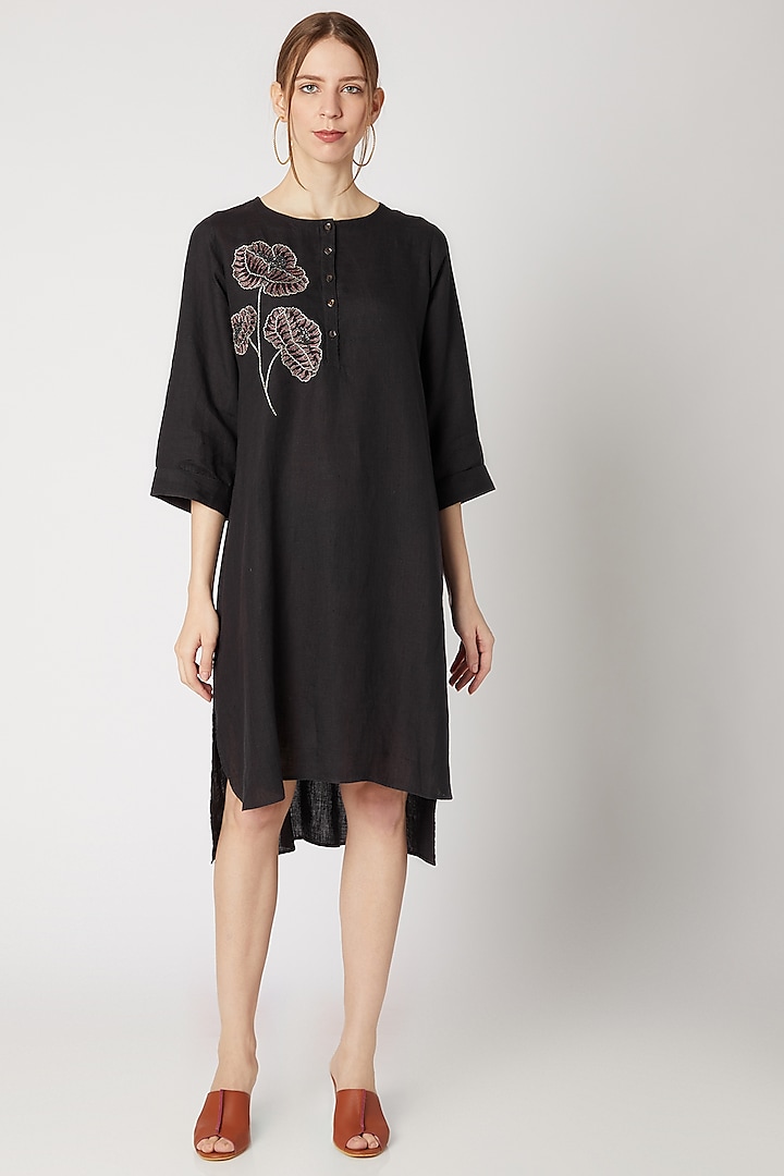 Charcoal Grey Embroidered Tunic by Linen Bloom