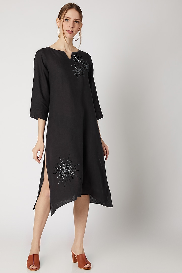 Charcoal Grey Embroidered Long Tunic by Linen Bloom