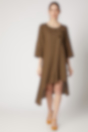 Tobacco Brown Embroidered Asymmetric Tunic by Linen Bloom