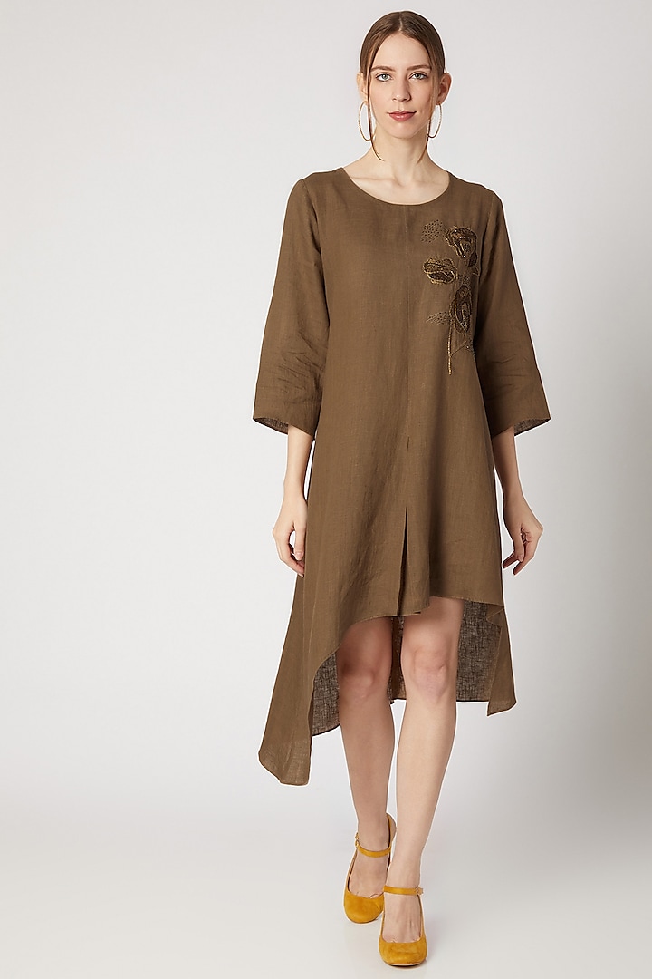 Tobacco Brown Embroidered Asymmetric Tunic by Linen Bloom