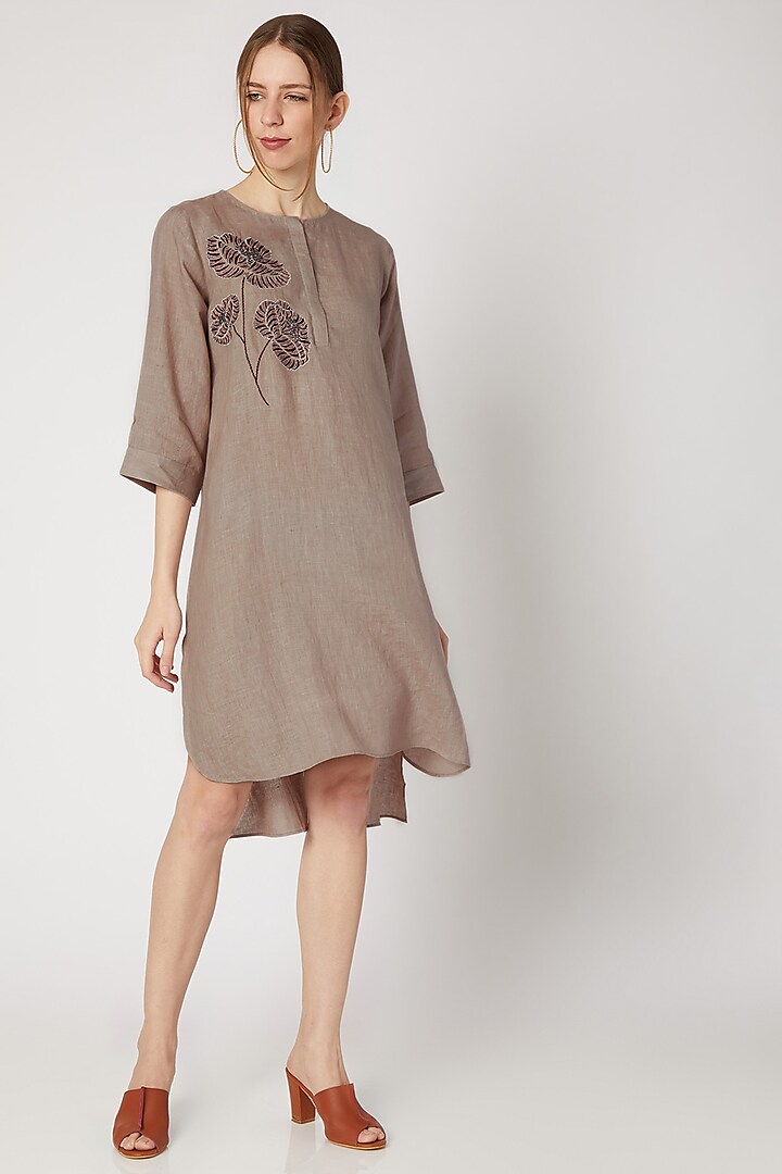 Fawn Beige Embroidered High-Low Tunic by Linen Bloom