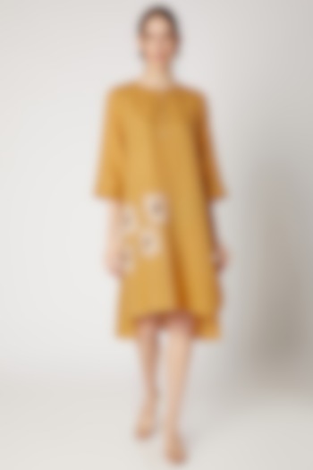 Ochre Yellow Embroidered High-Low Tunic by Linen Bloom