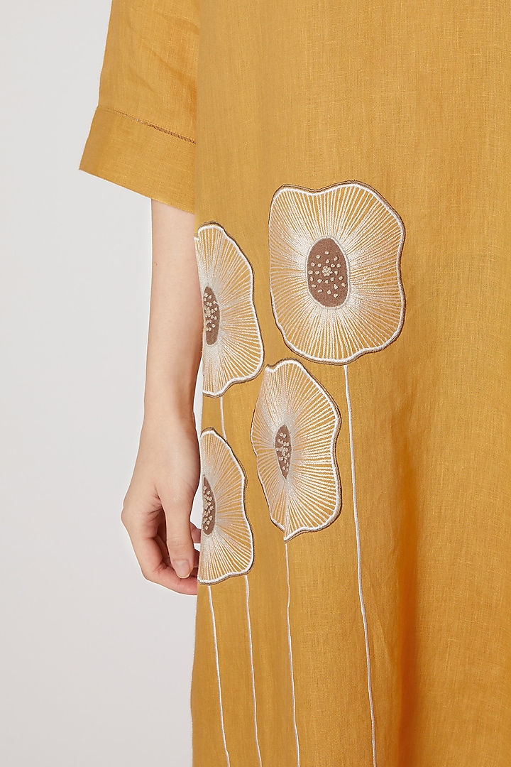 Ochre Yellow Embroidered High-Low Tunic by Linen Bloom at Pernia's Pop Up Shop