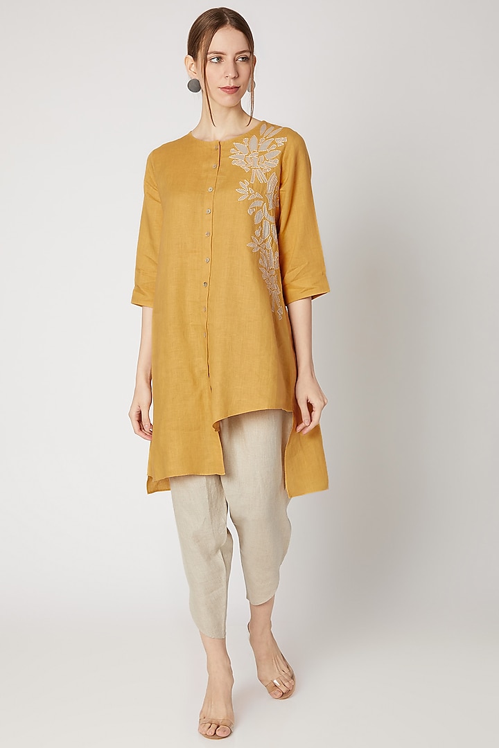Ochre Yellow Embroidered Tunic by Linen Bloom