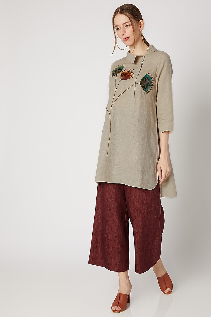 Beige Floral Embroidered Tunic by Linen Bloom