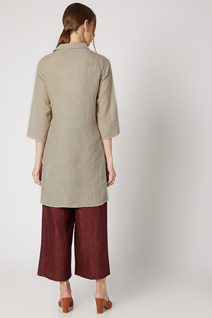 Beige Floral Embroidered Tunic by Linen Bloom at Pernia's Pop Up Shop 2024