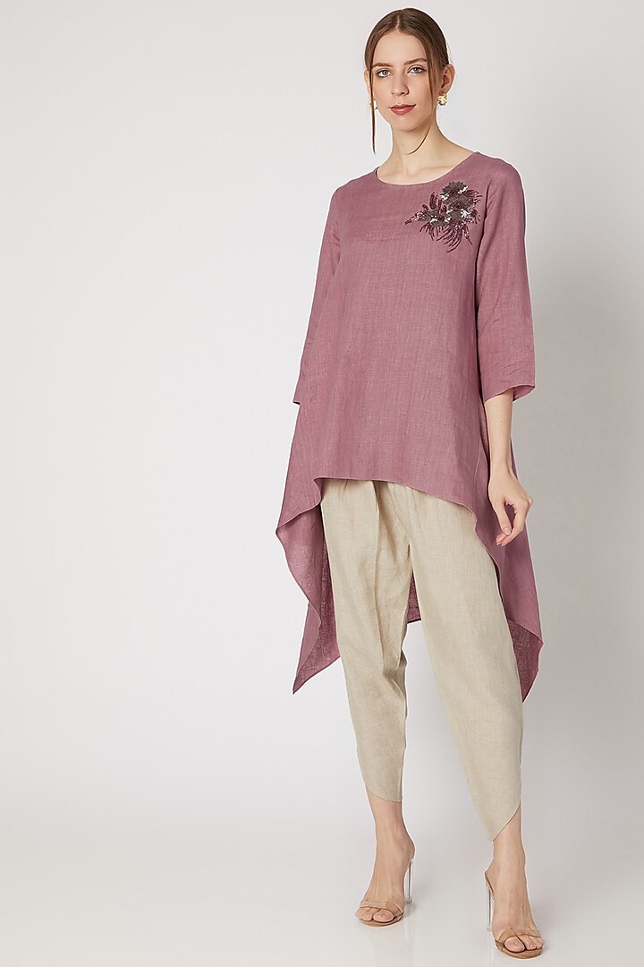 Dusty Pink Embroidered High-Low Tunic by Linen Bloom