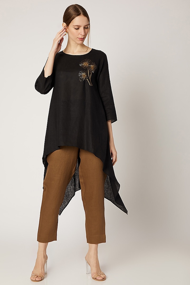 Black Embroidered High-Low Tunic by Linen Bloom