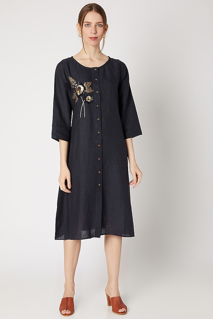 Midnight Blue Embroidered Long Tunic Design by Linen Bloom at Pernia's ...