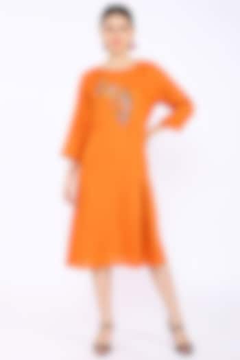 Orange Embroidered Dress by Linen Bloom